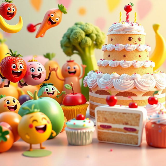 A vibrant 3D animated scene featuring an array of playful fruits, vegetables, cupcakes, and cakes