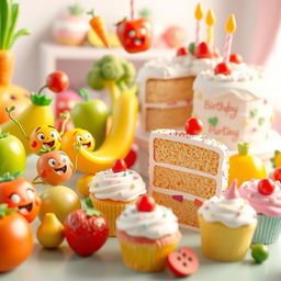 A vibrant 3D animated scene featuring an array of playful fruits, vegetables, cupcakes, and cakes