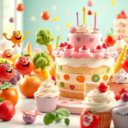 A vibrant 3D animated scene featuring an array of playful fruits, vegetables, cupcakes, and cakes