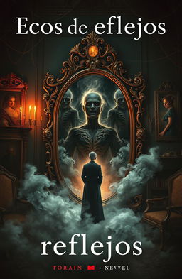 A surreal and eerie cover design for a horror and mystery novel titled 'Ecos de reflejos', featuring a magical, ornate mirror with an otherworldly glow