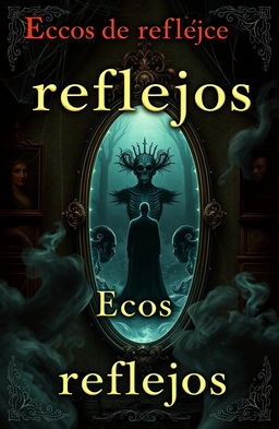 A surreal and eerie cover design for a horror and mystery novel titled 'Ecos de reflejos', featuring a magical, ornate mirror with an otherworldly glow