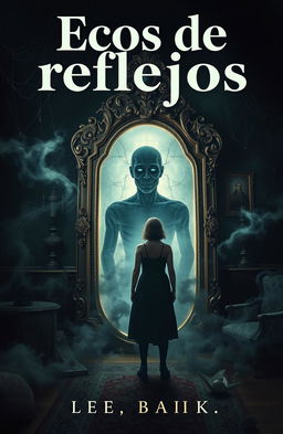 A surreal and eerie cover design for a horror and mystery novel titled 'Ecos de reflejos', featuring a magical, ornate mirror with an otherworldly glow