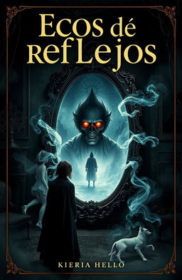 A surreal and eerie cover design for a horror and mystery novel titled 'Ecos de reflejos', featuring a magical, ornate mirror with an otherworldly glow