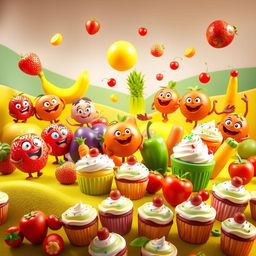 A vibrant 3D animated display featuring a variety of identifiable fruits, vegetables, and cupcakes
