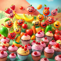 A vibrant 3D animated display featuring a variety of identifiable fruits, vegetables, and cupcakes