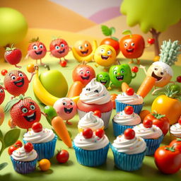 A vibrant 3D animated display featuring a variety of identifiable fruits, vegetables, and cupcakes