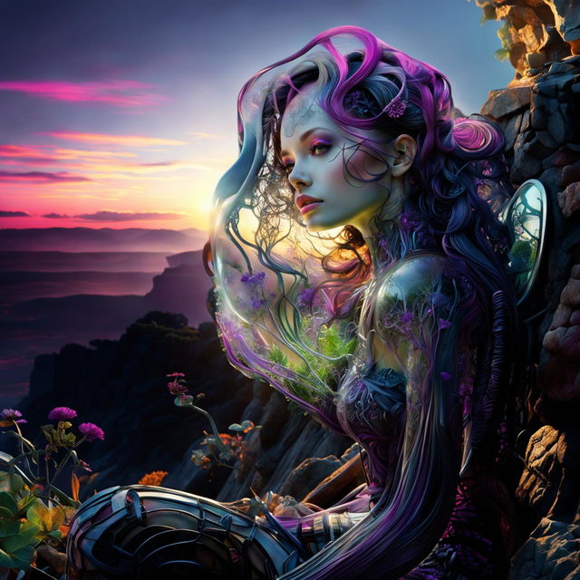 Ultra-detailed, raw, unedited professional photograph of a cyber-organic woman with transparent skin revealing inner workings of plants and mechanical parts. Her thick, wavy hair is purple-violet-magenta and she has dark eyelashes. Her irises are opalescent. She sits on a cliff edge looking at a vibrant sunset.