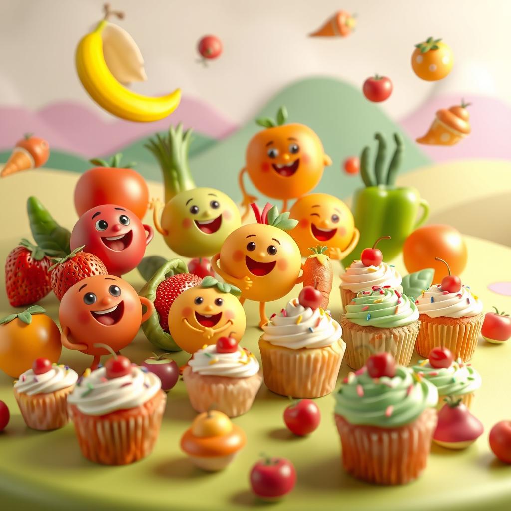 A vibrant 3D animated display featuring a variety of identifiable fruits, vegetables, and cupcakes