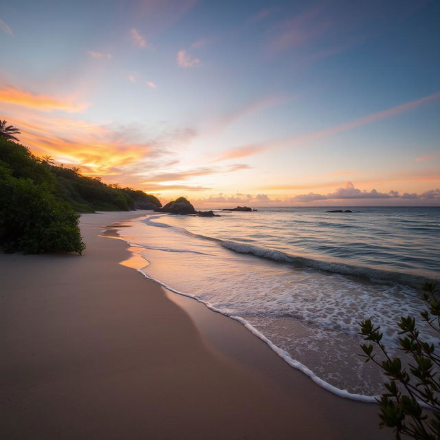 A serene, beautifully composed scene of a tranquil nature environment, such as a secluded beach at sunset