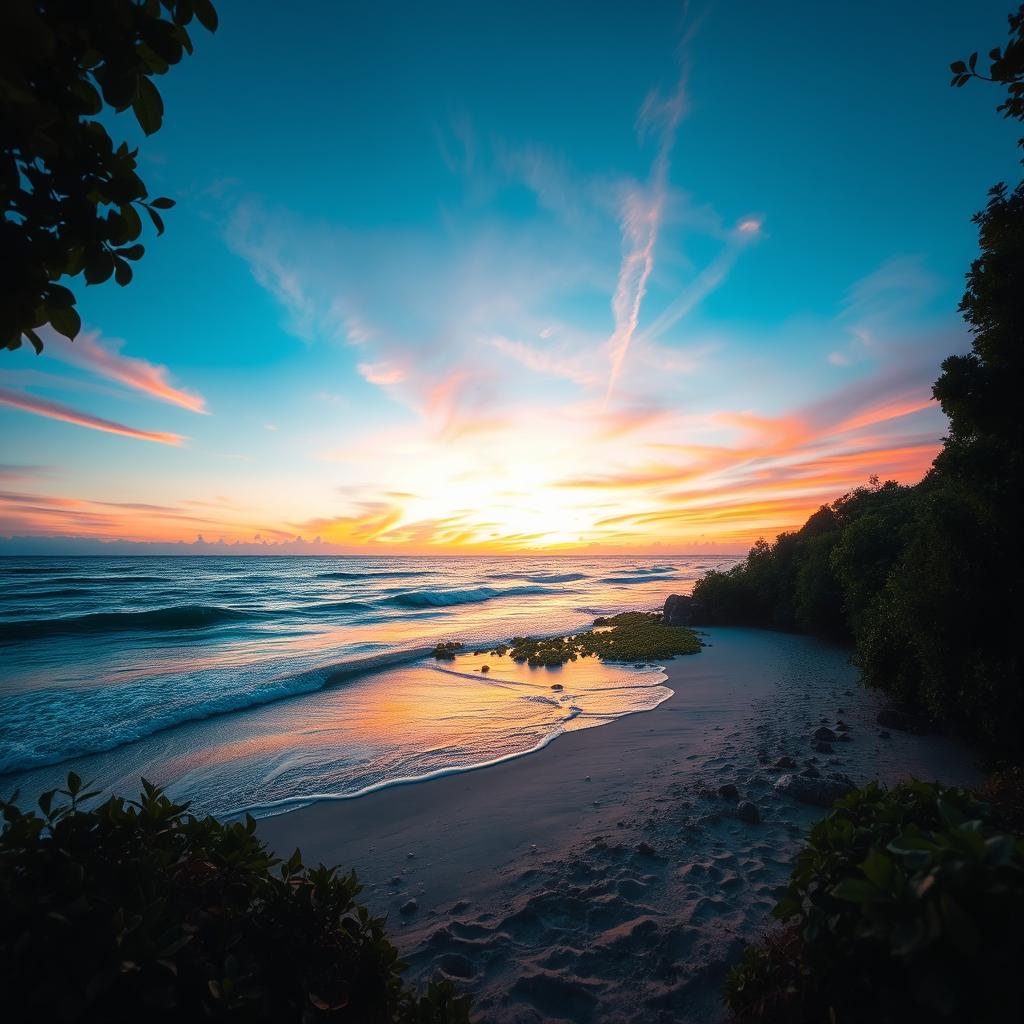 A serene, beautifully composed scene of a tranquil nature environment, such as a secluded beach at sunset