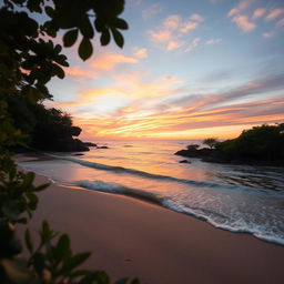 A serene, beautifully composed scene of a tranquil nature environment, such as a secluded beach at sunset