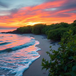 A serene, beautifully composed scene of a tranquil nature environment, such as a secluded beach at sunset