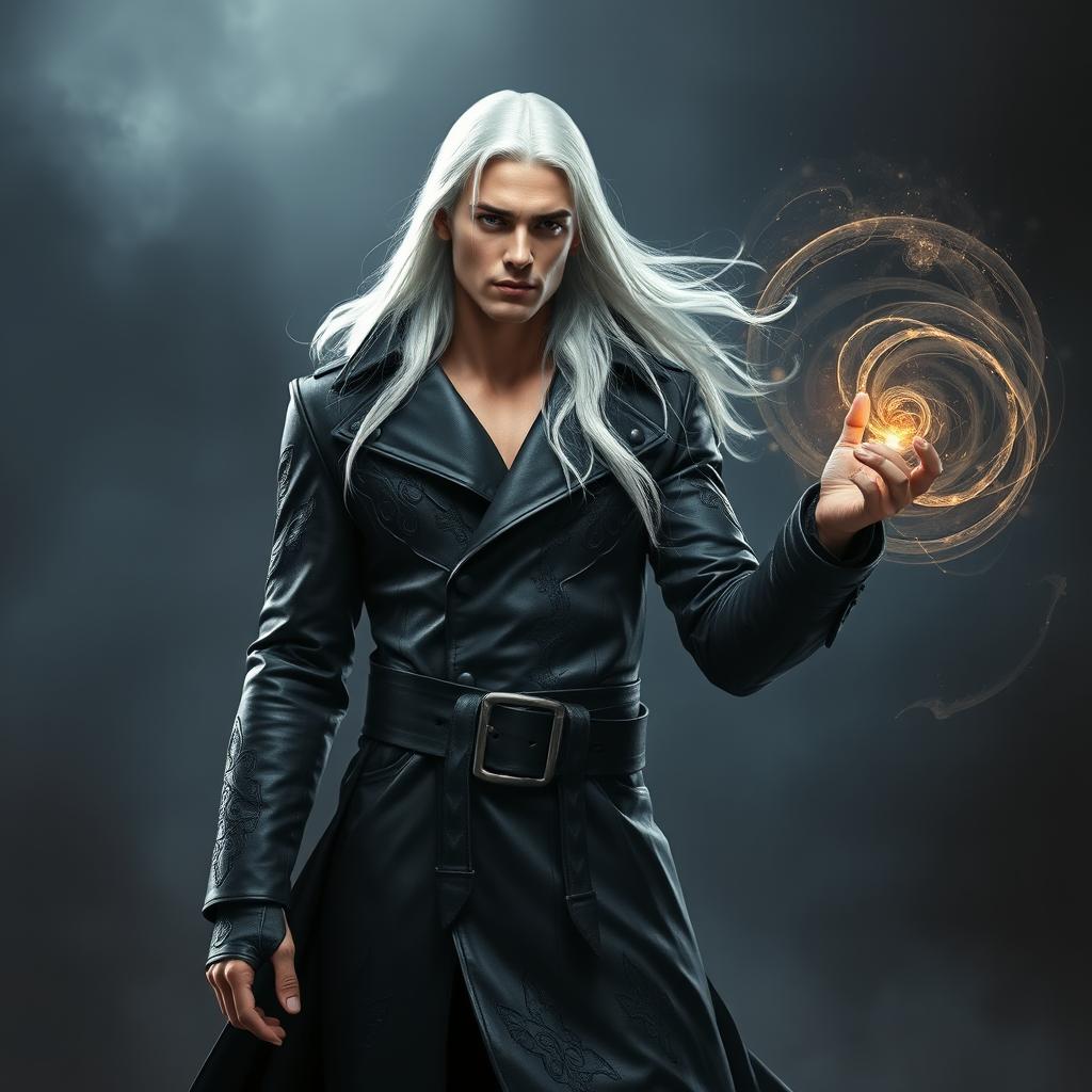 A tall, strikingly handsome human warlock with long, flowing white hair and piercing eyes stands confidently