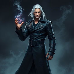 A tall, strikingly handsome human warlock with long, flowing white hair and piercing eyes stands confidently