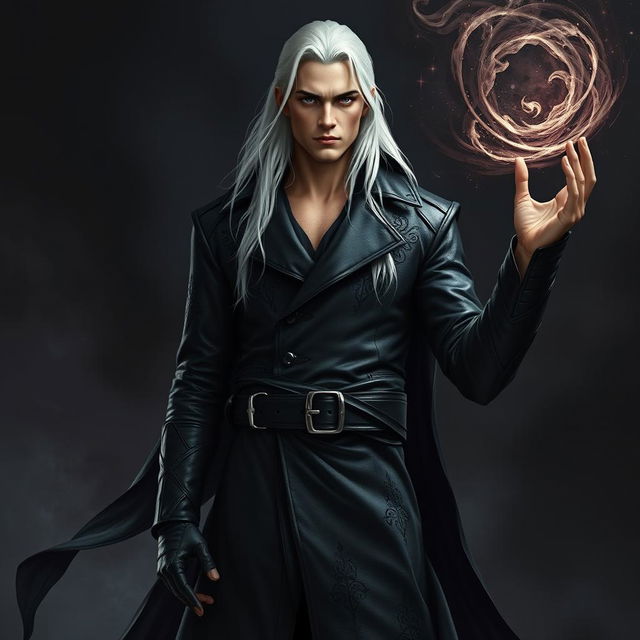 A tall, strikingly handsome human warlock with long, flowing white hair and piercing eyes stands confidently