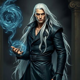 A tall, strikingly handsome human warlock with long, flowing white hair and piercing eyes stands confidently