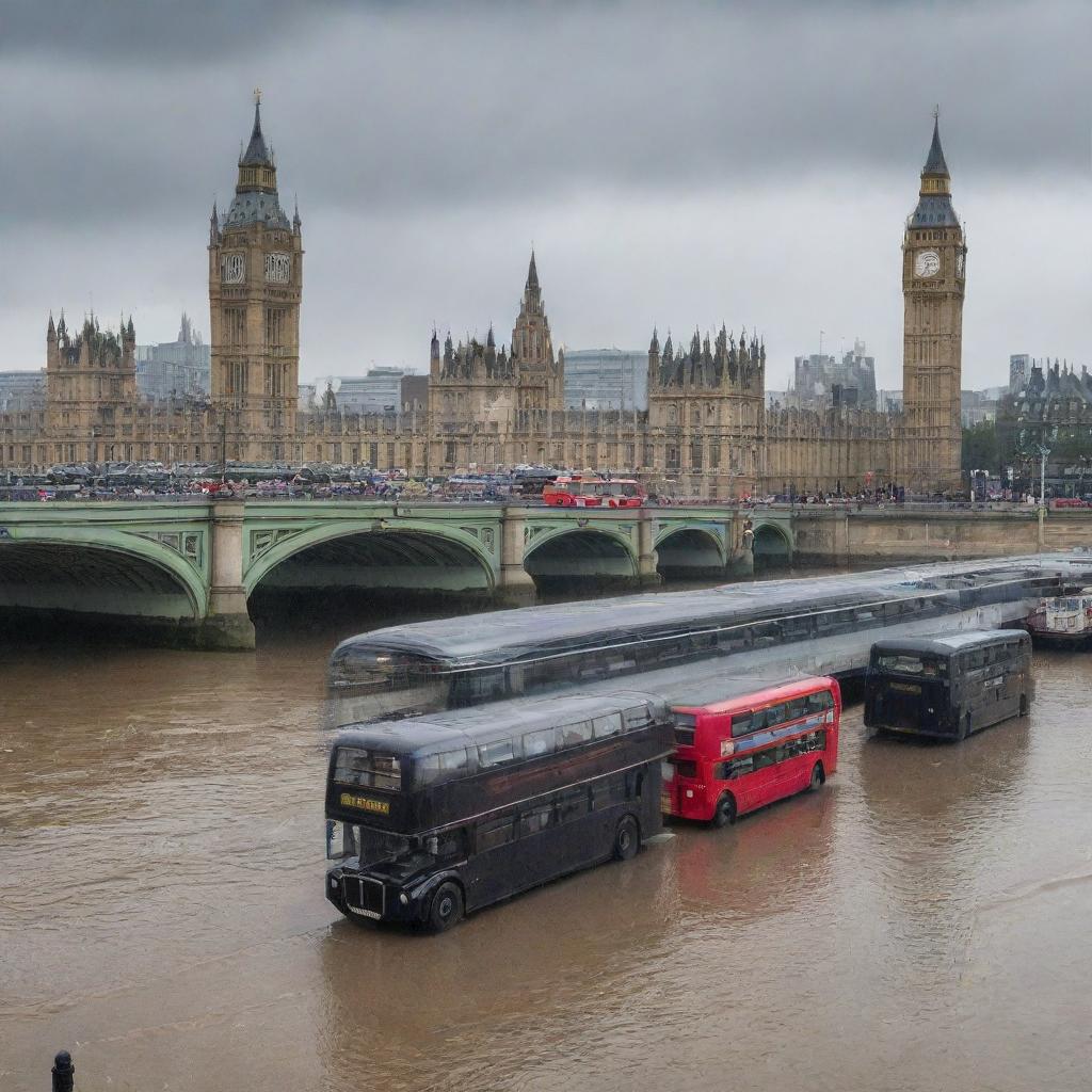 Classic London cityscape with historical landmarks, double-decker buses, black cabs, and bridge over the River Thames in a slight drizzle.