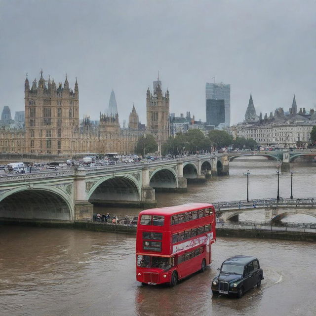 Classic London cityscape with historical landmarks, double-decker buses, black cabs, and bridge over the River Thames in a slight drizzle.