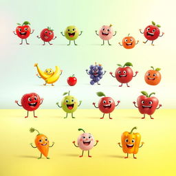 A series of playfully animated, vibrant images featuring a diverse array of identifiable fruits and vegetables