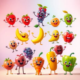 A series of playfully animated, vibrant images featuring a diverse array of identifiable fruits and vegetables