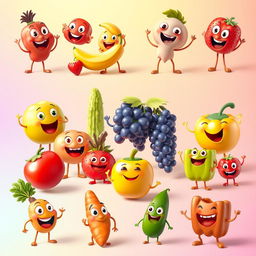 A series of playfully animated, vibrant images featuring a diverse array of identifiable fruits and vegetables