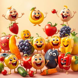 A series of playfully animated, vibrant images featuring a diverse array of identifiable fruits and vegetables