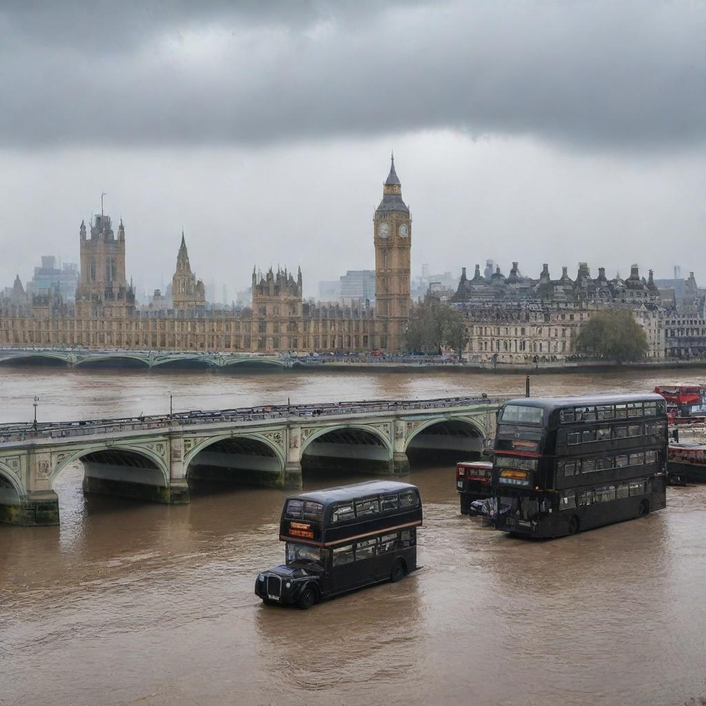 Classic London cityscape with historical landmarks, double-decker buses, black cabs, and bridge over the River Thames in a slight drizzle.