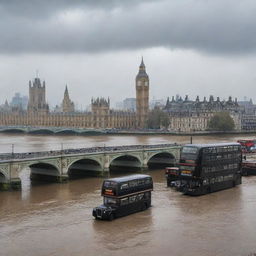 Classic London cityscape with historical landmarks, double-decker buses, black cabs, and bridge over the River Thames in a slight drizzle.