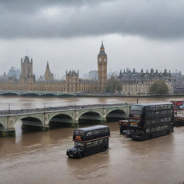 Classic London cityscape with historical landmarks, double-decker buses, black cabs, and bridge over the River Thames in a slight drizzle.