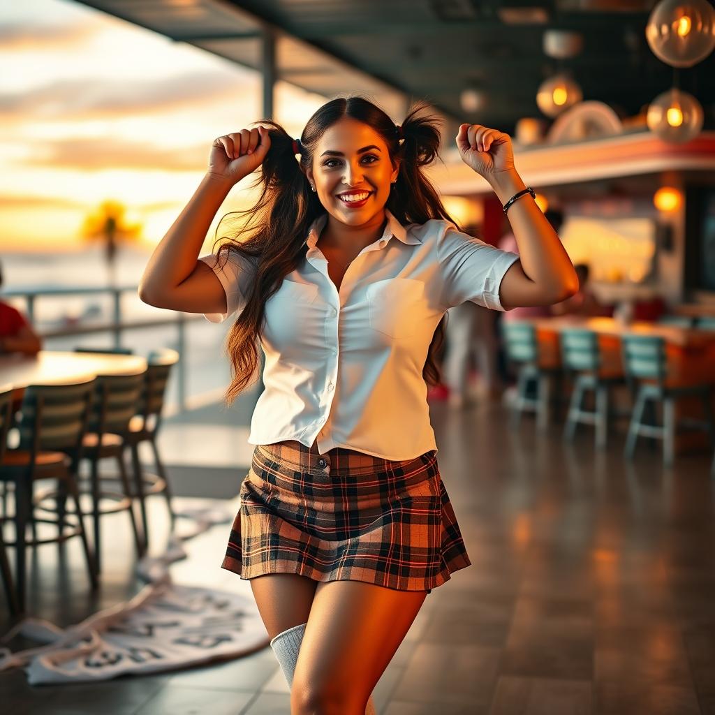 A curvy 40-year-old woman with long hair styled in playful pigtails, dancing joyfully in a bright coastal bar filled with vibrant colors and warm sunset sea views