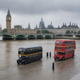 Classic London cityscape with historical landmarks, double-decker buses, black cabs, and bridge over the River Thames in a slight drizzle.