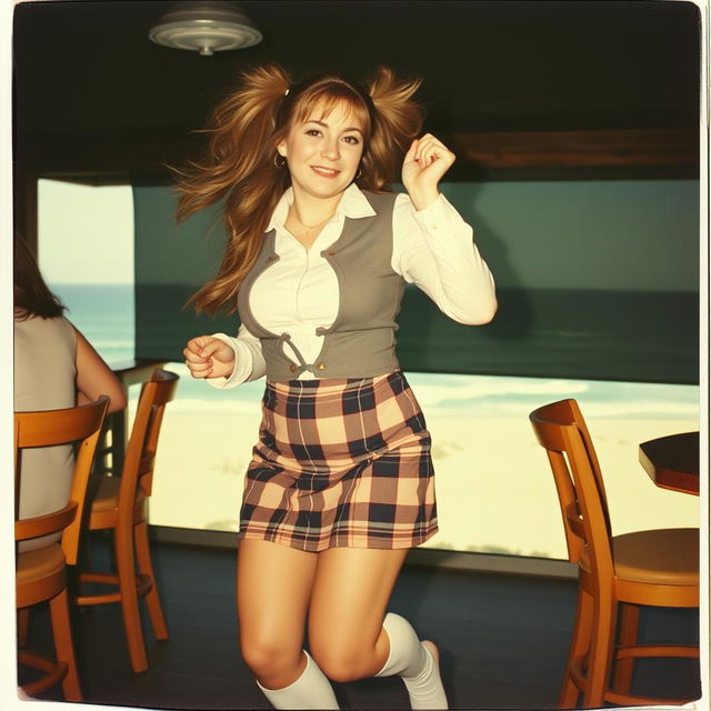 An analogue Polaroid photo capturing a curvy 40-year-old woman with long hair styled in playful pigtails, energetically dancing in a coastal bar with stunning sea views