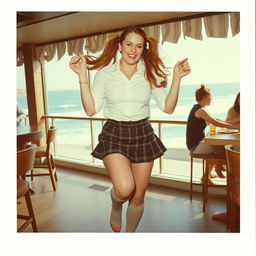 An analogue Polaroid photo capturing a curvy 40-year-old woman with long hair styled in playful pigtails, energetically dancing in a coastal bar with stunning sea views