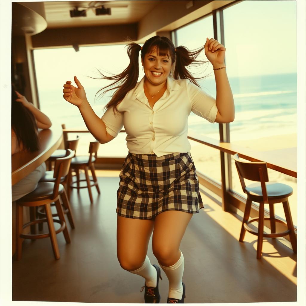 An analogue Polaroid photo capturing a curvy 40-year-old woman with long hair styled in playful pigtails, energetically dancing in a coastal bar with stunning sea views