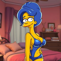 A cartoonish representation of Marge Simpson, featuring her iconic blue beehive hairstyle and wearing sexy blue lingerie