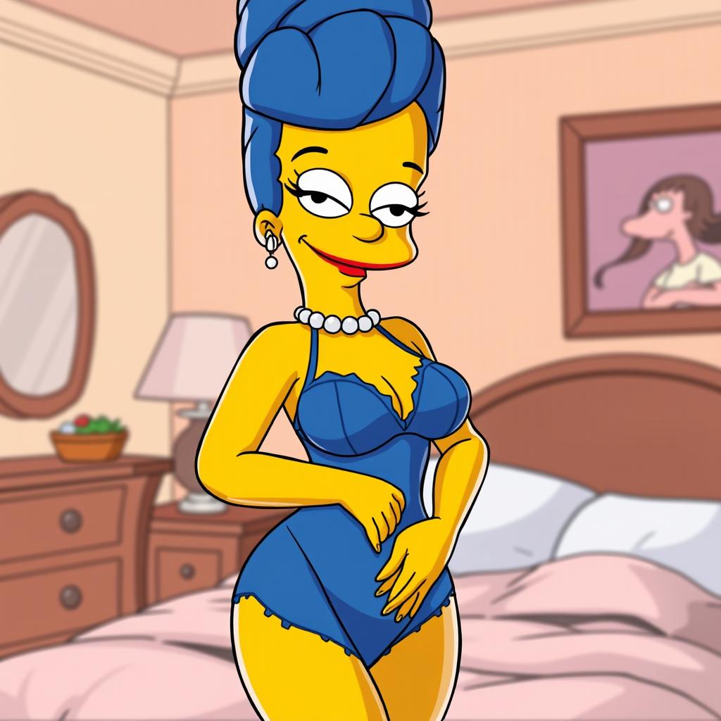 A cartoonish representation of Marge Simpson, featuring her iconic blue beehive hairstyle and wearing sexy blue lingerie