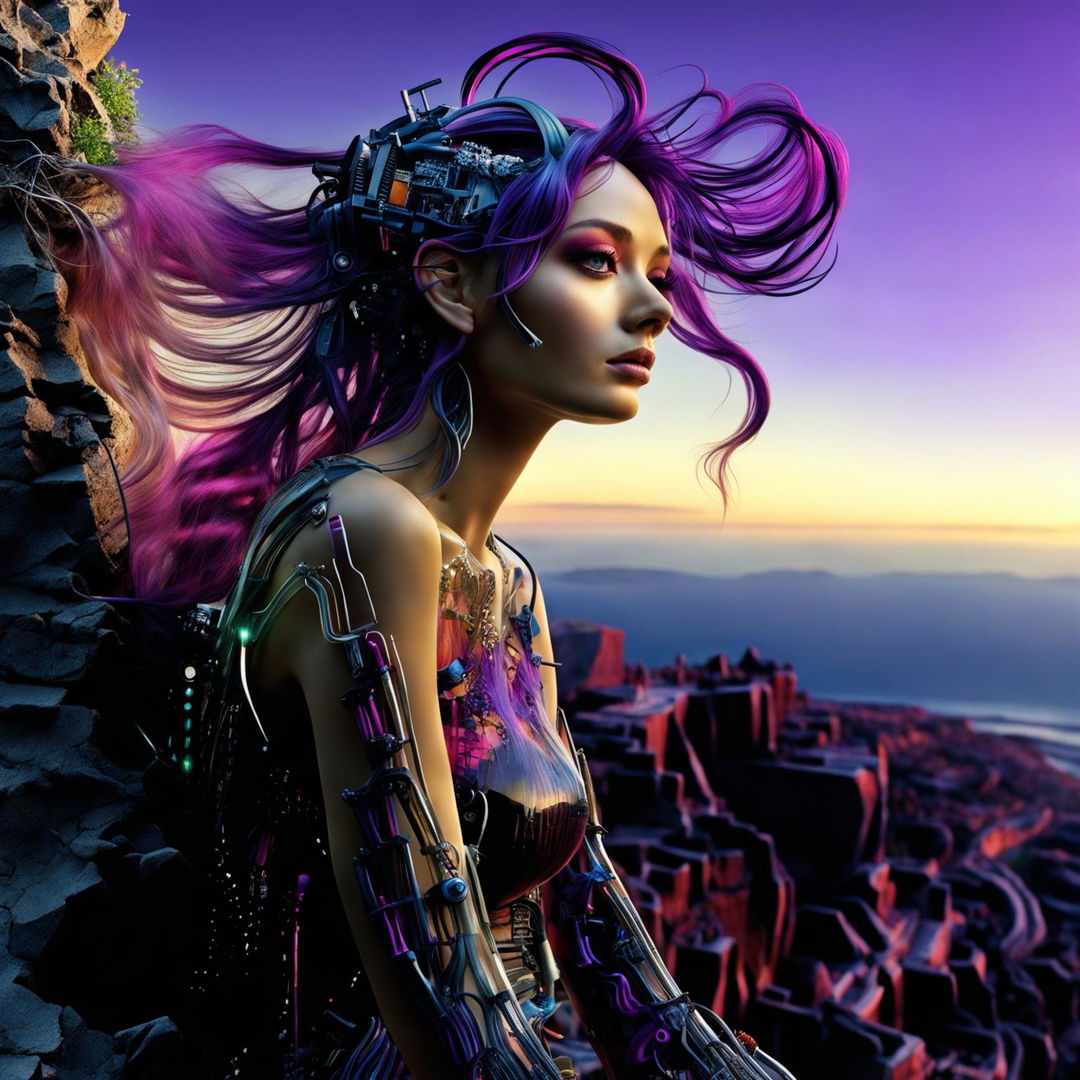 Ultra-detailed, raw, unedited professional photograph of a more beautiful cyber-organic woman with better posture sitting on a rock at a cliff edge. Her transparent skin reveals inner workings of plants and mechanical parts. Her thick, wavy hair is purple-violet-magenta and she has dark eyelashes. Her irises are opalescent. She looks out at a vibrant sunset.