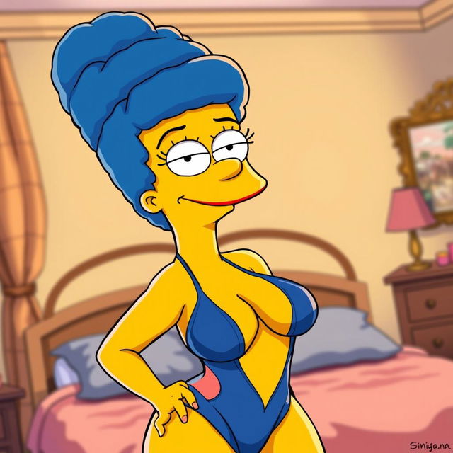 A cartoonish representation of Marge Simpson, featuring her iconic blue beehive hairstyle and wearing sexy blue lingerie