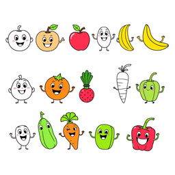 A collection of playfully animated images designed for a kids' coloring book, featuring a variety of identifiable fruits and vegetables