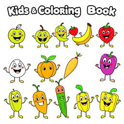 A collection of playfully animated images designed for a kids' coloring book, featuring a variety of identifiable fruits and vegetables