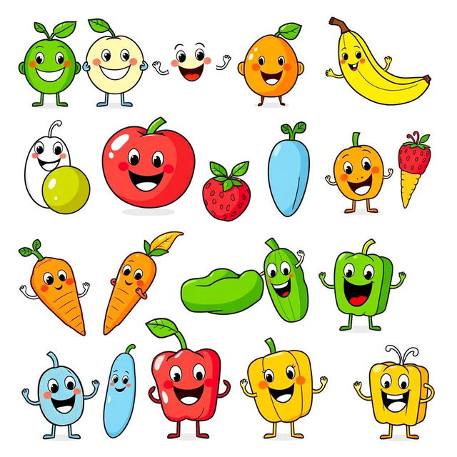 A collection of playfully animated images designed for a kids' coloring book, featuring a variety of identifiable fruits and vegetables