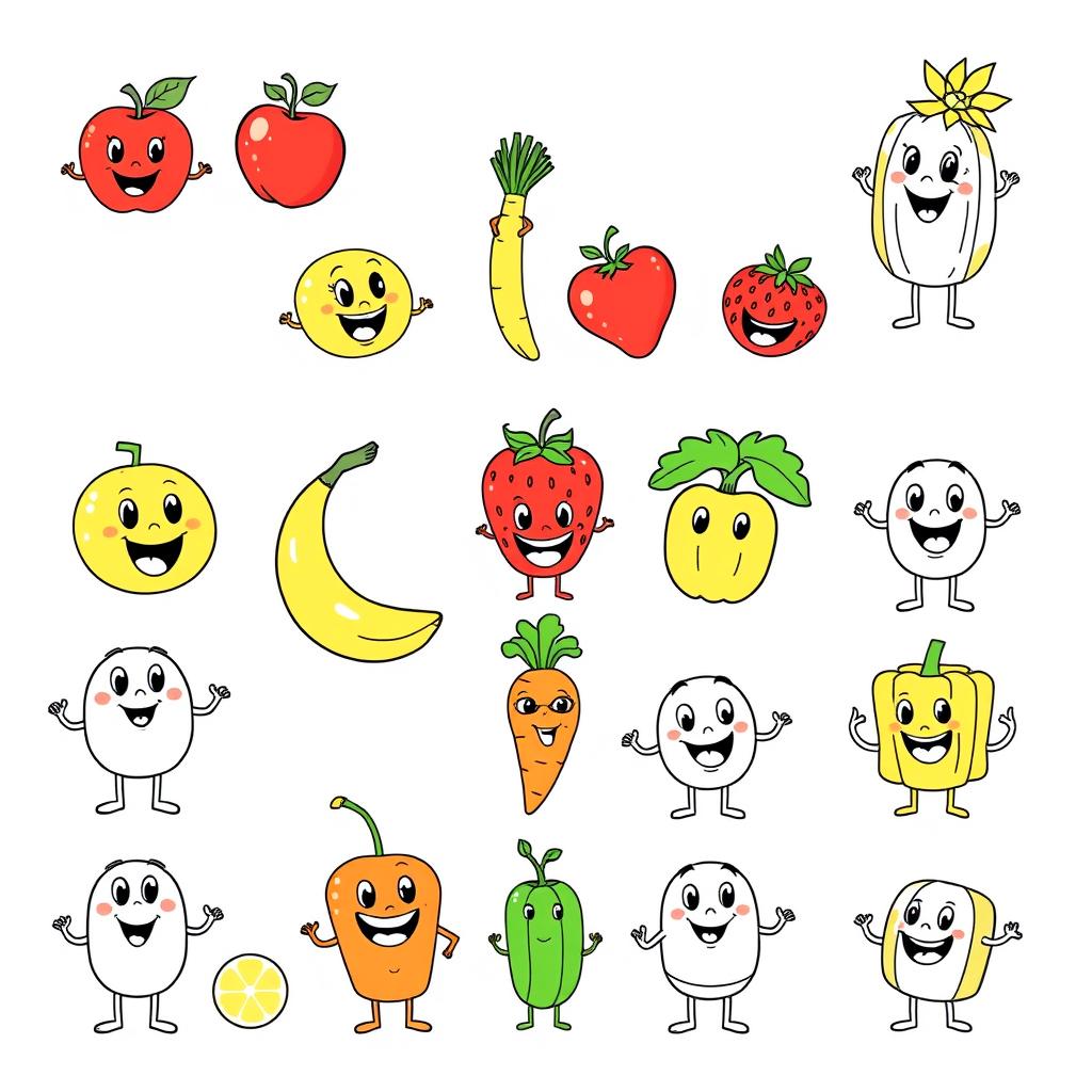 A collection of playfully animated images designed for a kids' coloring book, featuring a variety of identifiable fruits and vegetables