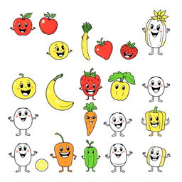 A collection of playfully animated images designed for a kids' coloring book, featuring a variety of identifiable fruits and vegetables