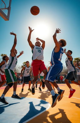 A dynamic and energetic scene depicting a group of young athletes in an intense basketball game, showcasing their skills and teamwork on a vibrant outdoor court
