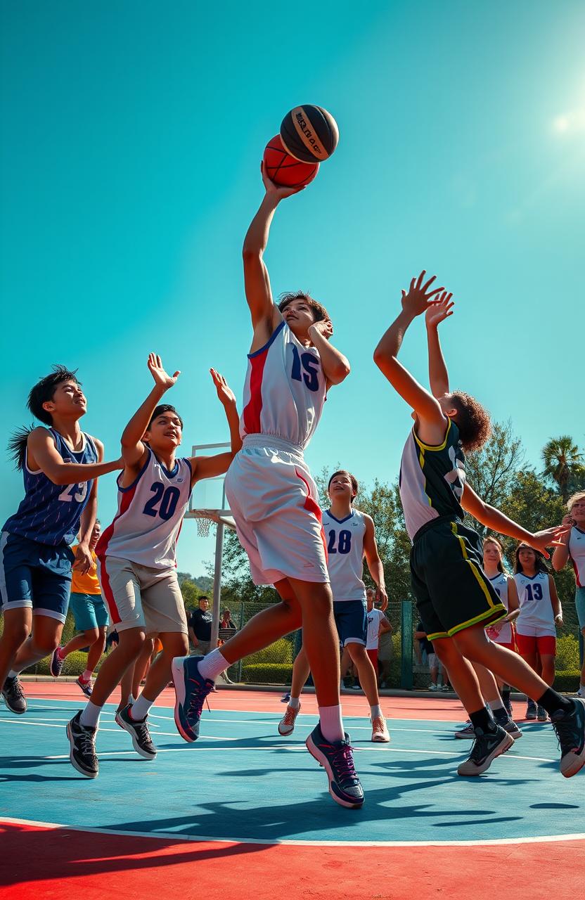 A dynamic and energetic scene depicting a group of young athletes in an intense basketball game, showcasing their skills and teamwork on a vibrant outdoor court