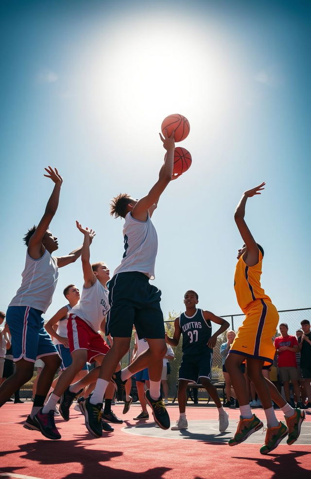 A dynamic and energetic scene depicting a group of young athletes in an intense basketball game, showcasing their skills and teamwork on a vibrant outdoor court