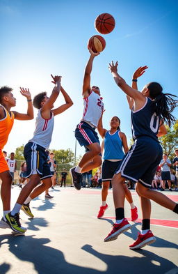 A dynamic and energetic scene depicting a group of young athletes in an intense basketball game, showcasing their skills and teamwork on a vibrant outdoor court