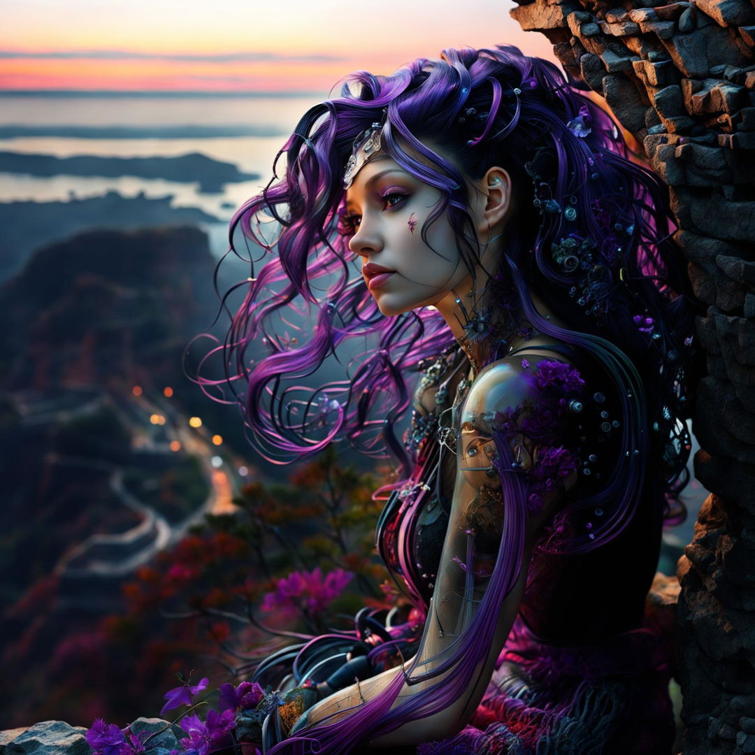 Ultra-detailed, raw, unedited professional photograph of a more beautiful cyber-organic woman leaning back on her hands with a small smile. She sits on a rock at a cliff edge. Her transparent arm skin reveals inner workings of plants and mechanical parts. Her thick, wavy hair is purple-violet-magenta and she has dark eyelashes. Her irises are opalescent. She looks out at a vibrant sunset.