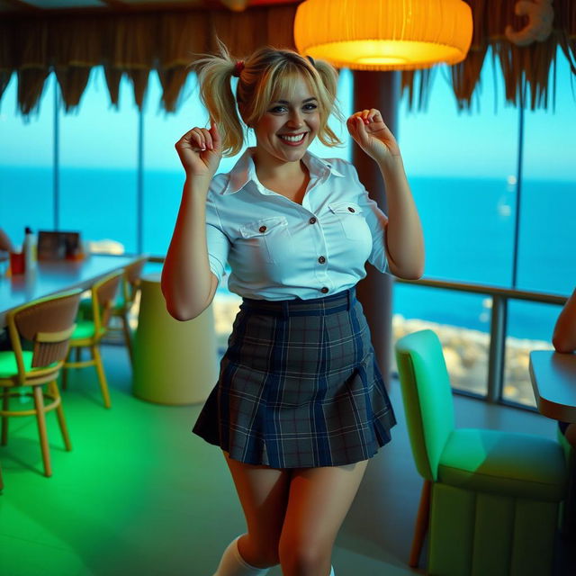 An analogue Fuji film photo showcasing a curvy 40-year-old woman with striking blonde hair styled in playful pigtails, joyfully dancing in a coastal bar with breathtaking sea views