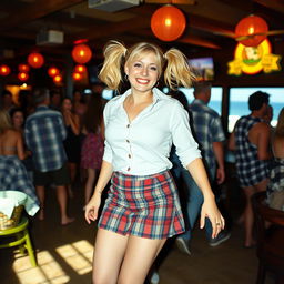 An analogue Fuji film photo capturing a curvy 40-year-old woman with vibrant blonde hair styled in playful pigtails, dancing joyfully in a bustling coastal bar filled with lively patrons and beautiful sea views
